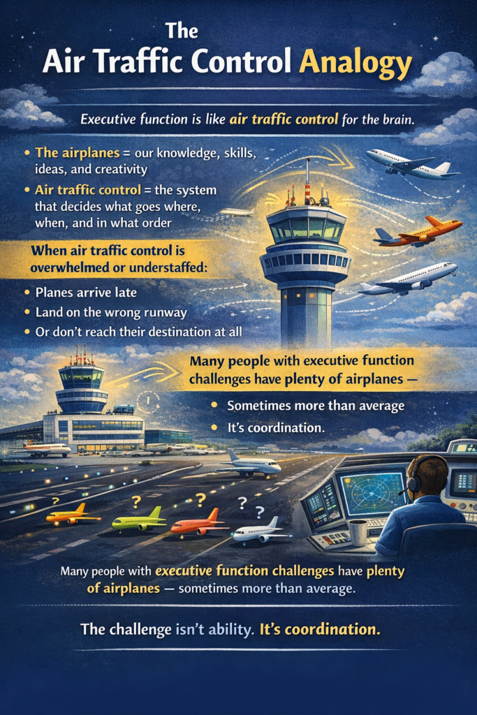 Many airplanes show the brain’s creativity and knowledge, while air traffic control represents executive function — the challenge is coordination, not ability.