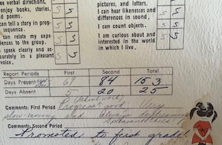 KIndergarten report card that says, "Progressing (school work) good, very slow moving and always daydreaming. A pleasant child."
